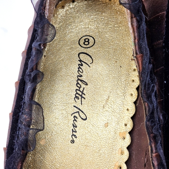 ♡ Charlotte Russe Victorian Heels Marbled Brown Satin Black Lace Trim Velvet Bow - Picture 7 of 8